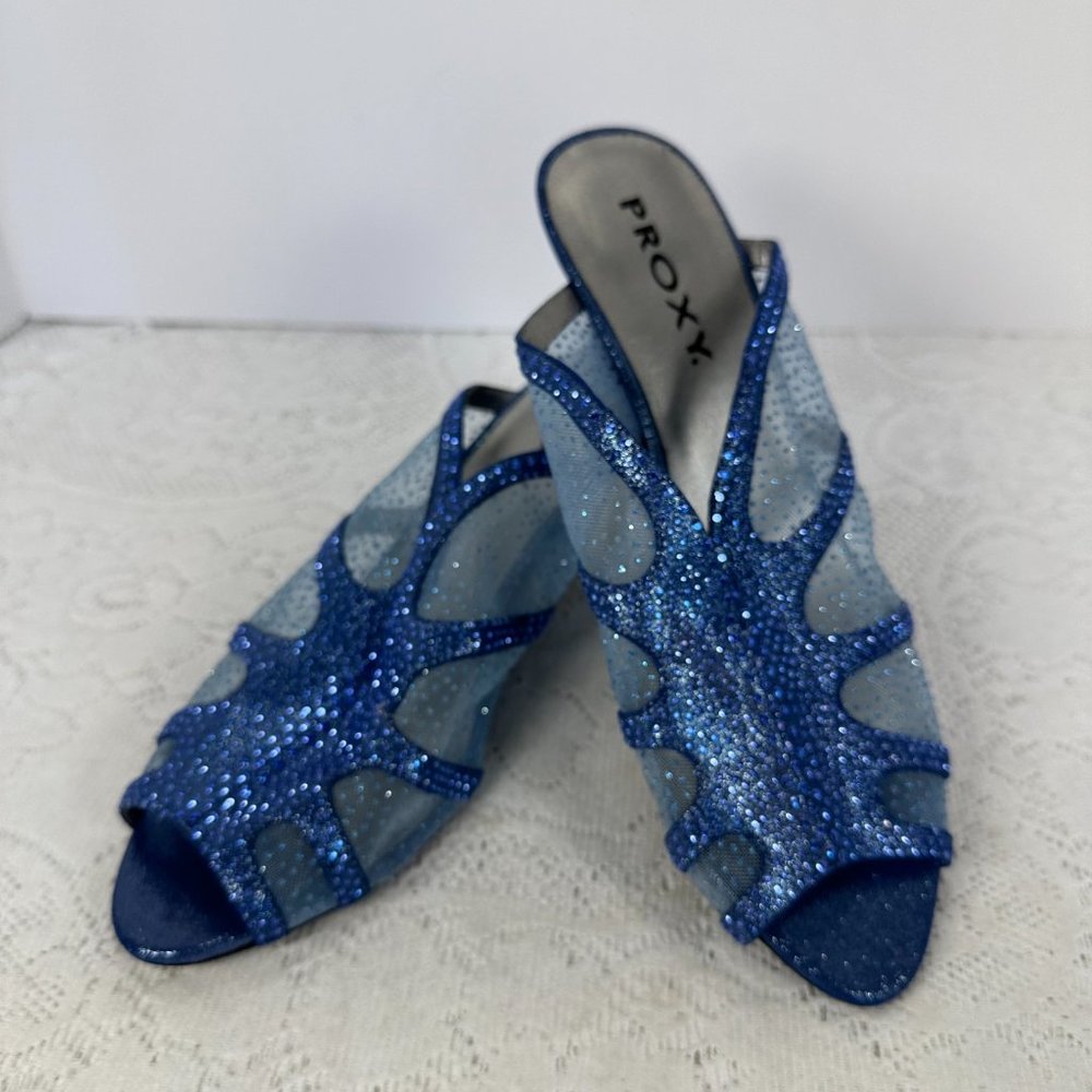 Proxy Navy Mesh and Sparkle Blue with silver Rhinestone, Slides, Block Heel, 9M